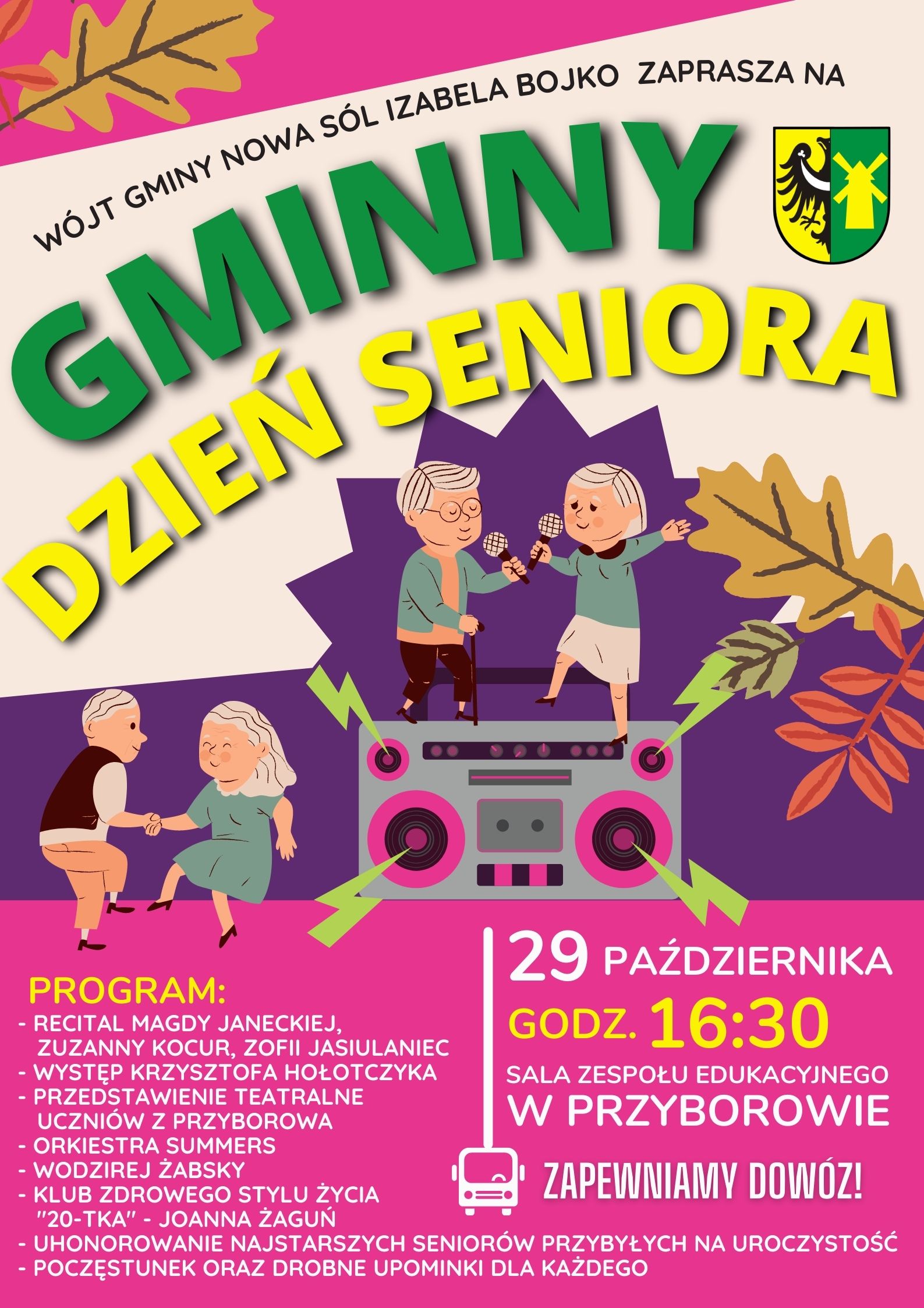Kolorowy plakat z napisem Gminny Dzień Seniora oraz programem imprezy
